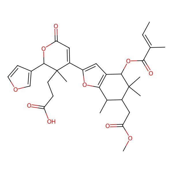 2D Structure of 3-[(2R,3R)-2-(furan-3-yl)-4-[(4R,6R,7R)-6-(2-methoxy-2-oxoethyl)-5,5,7-trimethyl-4-[(E)-2-methylbut-2-enoyl]oxy-6,7-dihydro-4H-1-benzofuran-2-yl]-3-methyl-6-oxo-2H-pyran-3-yl]propanoic acid