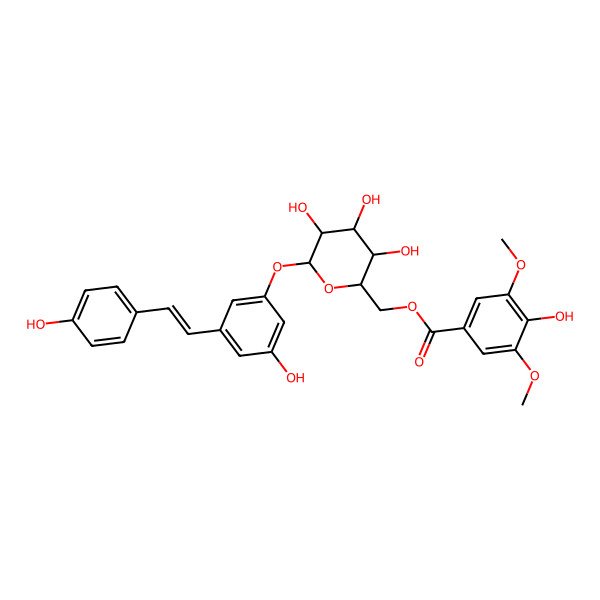 2D Structure of [3,4,5-Trihydroxy-6-[3-hydroxy-5-[2-(4-hydroxyphenyl)ethenyl]phenoxy]oxan-2-yl]methyl 4-hydroxy-3,5-dimethoxybenzoate