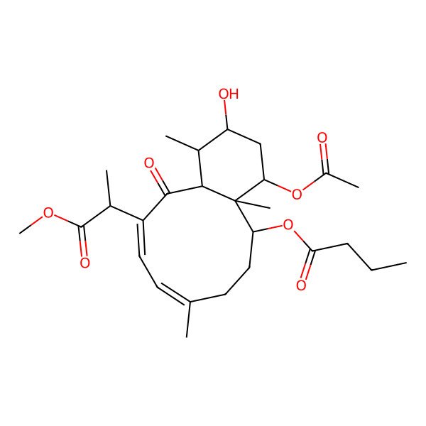 2D Structure of [(1R,2S,4R,4aR,5S,8Z,10Z,12aR)-4-acetyloxy-2-hydroxy-11-[(2S)-1-methoxy-1-oxopropan-2-yl]-1,4a,8-trimethyl-12-oxo-1,2,3,4,5,6,7,12a-octahydrobenzo[10]annulen-5-yl] butanoate