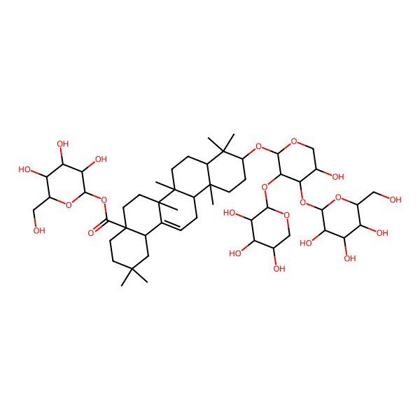 2D Structure of [(2S,3R,4S,5S,6R)-3,4,5-trihydroxy-6-(hydroxymethyl)oxan-2-yl] (4aS,6aR,6aS,6bR,8aR,10S,12aR,14bS)-10-[(2S,3R,4S,5S)-5-hydroxy-4-[(2S,3R,4S,5S,6R)-3,4,5-trihydroxy-6-(hydroxymethyl)oxan-2-yl]oxy-3-[(2S,3R,4S,5R)-3,4,5-trihydroxyoxan-2-yl]oxyoxan-2-yl]oxy-2,2,6a,6b,9,9,12a-heptamethyl-1,3,4,5,6,6a,7,8,8a,10,11,12,13,14b-tetradecahydropicene-4a-carboxylate