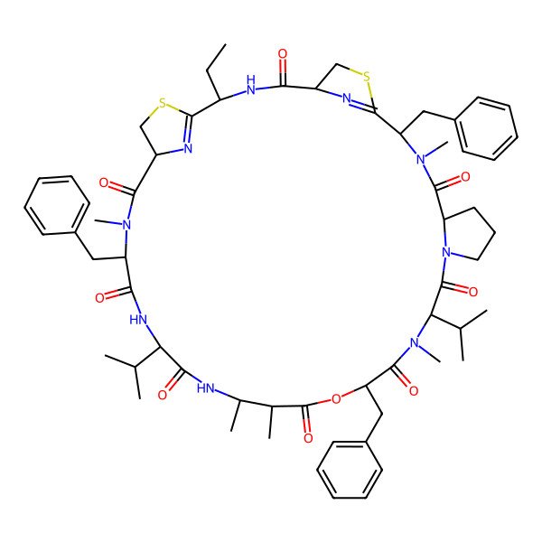 2D Structure of 9,21,31-Tribenzyl-2-ethyl-10,19,24,25,32-pentamethyl-18,28-di(propan-2-yl)-22-oxa-7,36-dithia-3,10,16,19,26,29,32,37,38-nonazatetracyclo[32.2.1.15,8.012,16]octatriaconta-1(37),8(38)-diene-4,11,17,20,23,27,30,33-octone