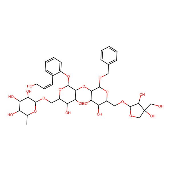 2D Structure of (2R,3R,4R,5R,6S)-2-[[(2R,3S,4S,5R,6S)-5-[(2R,3R,4S,5S,6R)-6-[[(2R,3R,4R)-3,4-dihydroxy-4-(hydroxymethyl)oxolan-2-yl]oxymethyl]-4,5-dihydroxy-2-phenylmethoxyoxan-3-yl]oxy-3,4-dihydroxy-6-[2-[(E)-3-hydroxyprop-1-enyl]phenoxy]oxan-2-yl]methoxy]-6-methyloxane-3,4,5-triol