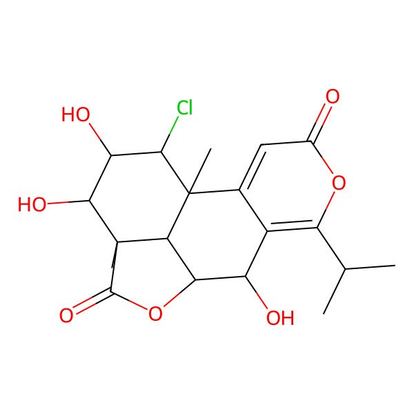 2D Structure of 15-Chloro-8,13,14-trihydroxy-1,12-dimethyl-6-propan-2-yl-5,10-dioxatetracyclo[7.6.1.02,7.012,16]hexadeca-2,6-diene-4,11-dione