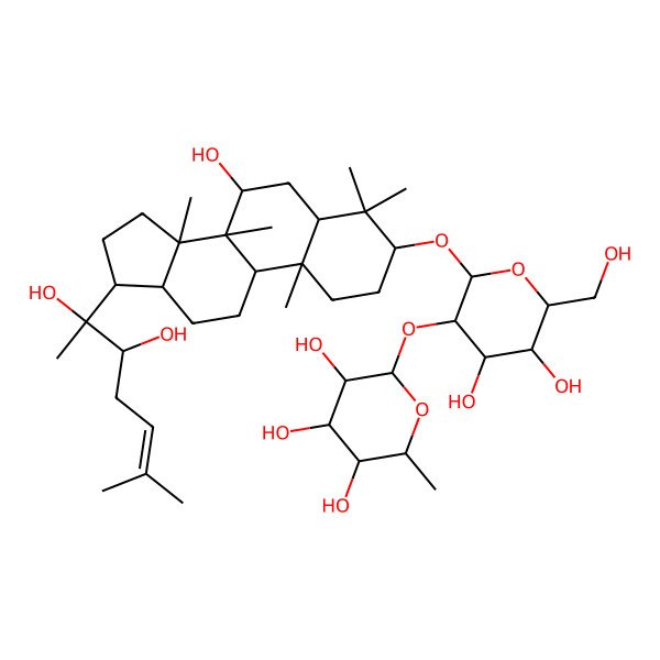 2D Structure of 2-[2-[[17-(2,3-dihydroxy-6-methylhept-5-en-2-yl)-7-hydroxy-4,4,8,10,14-pentamethyl-2,3,5,6,7,9,11,12,13,15,16,17-dodecahydro-1H-cyclopenta[a]phenanthren-3-yl]oxy]-4,5-dihydroxy-6-(hydroxymethyl)oxan-3-yl]oxy-6-methyloxane-3,4,5-triol