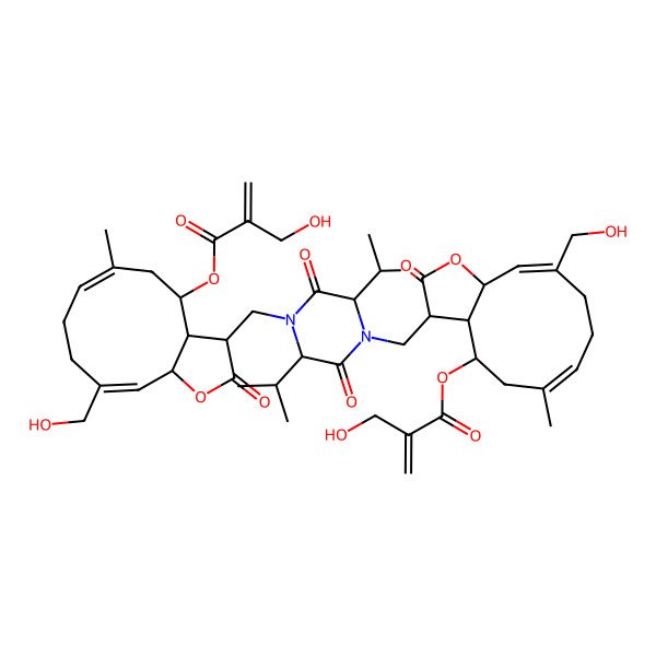 2D Structure of [(3R,3aR,4S,6E,10Z,11aR)-3-[[(3S,6S)-4-[[(3R,3aR,4S,6E,10Z,11aR)-10-(hydroxymethyl)-4-[2-(hydroxymethyl)prop-2-enoyloxy]-6-methyl-2-oxo-3a,4,5,8,9,11a-hexahydro-3H-cyclodeca[b]furan-3-yl]methyl]-2,5-dioxo-3,6-di(propan-2-yl)piperazin-1-yl]methyl]-10-(hydroxymethyl)-6-methyl-2-oxo-3a,4,5,8,9,11a-hexahydro-3H-cyclodeca[b]furan-4-yl] 2-(hydroxymethyl)prop-2-enoate