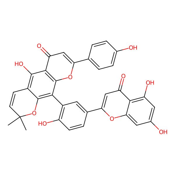 2D Structure of 10-[5-(5,7-Dihydroxy-4-oxochromen-2-yl)-2-hydroxyphenyl]-5-hydroxy-8-(4-hydroxyphenyl)-2,2-dimethylpyrano[3,2-g]chromen-6-one