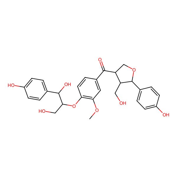 2D Structure of [4-[1,3-Dihydroxy-1-(4-hydroxyphenyl)propan-2-yl]oxy-3-methoxyphenyl]-[4-(hydroxymethyl)-5-(4-hydroxyphenyl)oxolan-3-yl]methanone