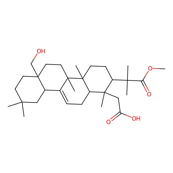 2D Structure of 2-[6a-(hydroxymethyl)-2-(1-methoxy-2-methyl-1-oxopropan-2-yl)-1,4a,4b,9,9-pentamethyl-3,4,5,6,7,8,10,10a,12,12a-decahydro-2H-chrysen-1-yl]acetic acid