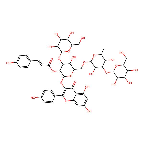 2D Structure of [(2R,3R,4S,5R,6R)-2-[5,7-dihydroxy-2-(4-hydroxyphenyl)-4-oxochromen-3-yl]oxy-6-[[(2R,3R,4R,5S,6S)-3,5-dihydroxy-6-methyl-4-[(2S,3R,4S,5S,6R)-3,4,5-trihydroxy-6-(hydroxymethyl)oxan-2-yl]oxyoxan-2-yl]oxymethyl]-5-hydroxy-4-[(2S,3R,4S,5S,6R)-3,4,5-trihydroxy-6-(hydroxymethyl)oxan-2-yl]oxyoxan-3-yl] (E)-3-(4-hydroxyphenyl)prop-2-enoate