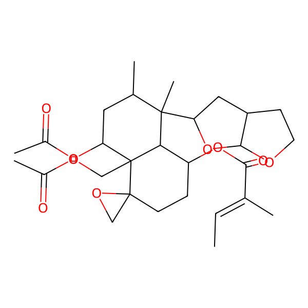 2D Structure of [(1R,4R,4aR,5S,7R,8S,8aR)-8-[(3aR,5S,6aS)-2,3,3a,4,5,6a-hexahydrofuro[2,3-b]furan-5-yl]-5-acetyloxy-4a-(acetyloxymethyl)-7,8-dimethylspiro[2,3,5,6,7,8a-hexahydro-1H-naphthalene-4,2'-oxirane]-1-yl] (E)-2-methylbut-2-enoate