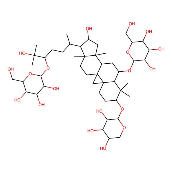2D Structure of (2R,3R,4S,5R,6R)-2-[[(1S,3R,6S,8R,9S,11S,12S,14S,15R,16R)-14-hydroxy-15-[(2R,5S)-6-hydroxy-6-methyl-5-[(2S,3R,4S,5R,6R)-3,4,5-trihydroxy-6-(hydroxymethyl)oxan-2-yl]oxyheptan-2-yl]-7,7,12,16-tetramethyl-6-[(2S,3R,4R,5R)-3,4,5-trihydroxyoxan-2-yl]oxy-9-pentacyclo[9.7.0.01,3.03,8.012,16]octadecanyl]oxy]-6-(hydroxymethyl)oxane-3,4,5-triol