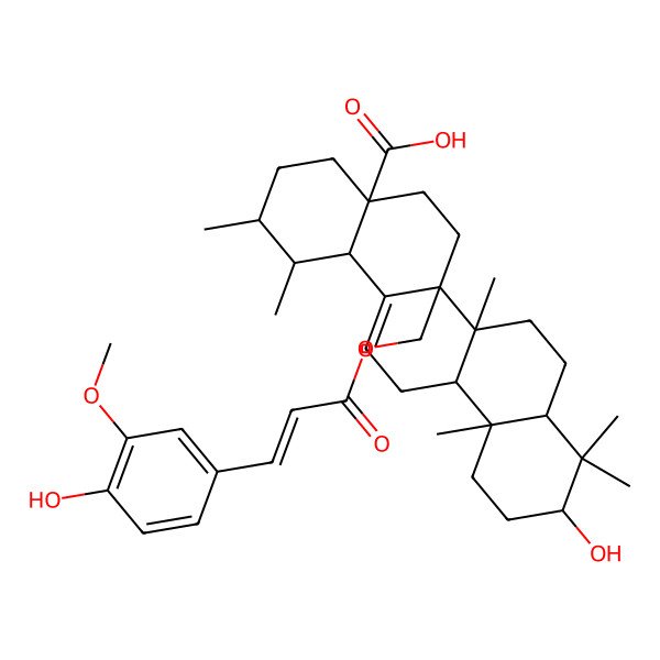 2D Structure of (1S,2R,4aS,6aR,6aR,6bR,8aR,10S,12aR,14bS)-10-hydroxy-6a-[[(E)-3-(4-hydroxy-3-methoxyphenyl)prop-2-enoyl]oxymethyl]-1,2,6b,9,9,12a-hexamethyl-2,3,4,5,6,6a,7,8,8a,10,11,12,13,14b-tetradecahydro-1H-picene-4a-carboxylic acid
