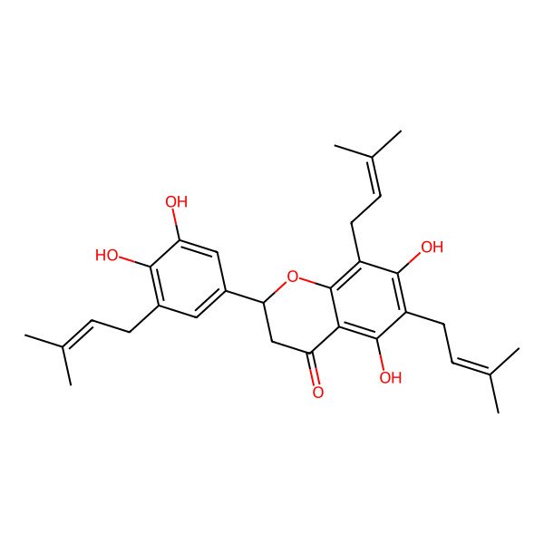 2D Structure of (2S)-2-[3,4-dihydroxy-5-(3-methylbut-2-enyl)phenyl]-5,7-dihydroxy-6,8-bis(3-methylbut-2-enyl)-2,3-dihydrochromen-4-one