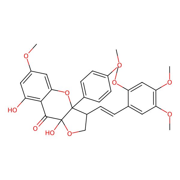 2D Structure of 8,9a-Dihydroxy-6-methoxy-3a-(4-methoxyphenyl)-3-[2-(2,4,5-trimethoxyphenyl)ethenyl]-2,3-dihydrofuro[3,2-b]chromen-9-one