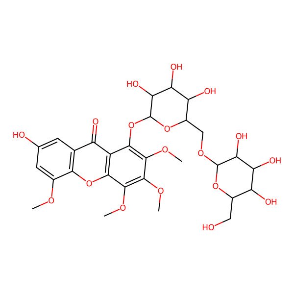 2D Structure of 7-hydroxy-2,3,4,5-tetramethoxy-1-[(2S,3R,4S,5S,6R)-3,4,5-trihydroxy-6-[[(2R,3R,4S,5S,6R)-3,4,5-trihydroxy-6-(hydroxymethyl)oxan-2-yl]oxymethyl]oxan-2-yl]oxyxanthen-9-one