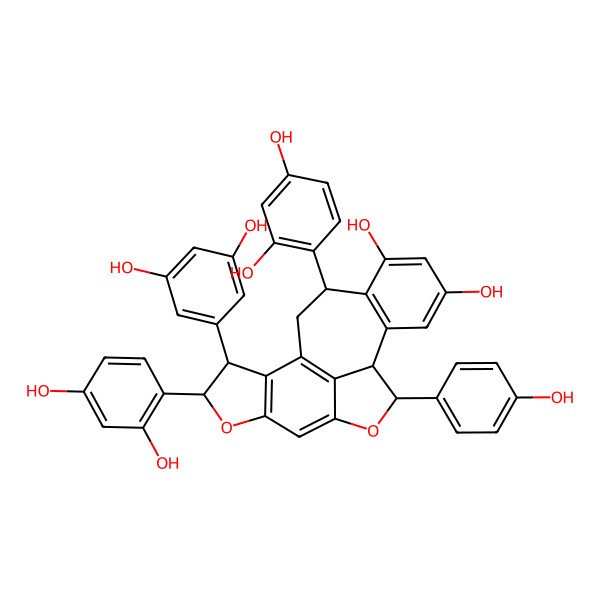 2D Structure of 4,18-Bis(2,4-dihydroxyphenyl)-3-(3,5-dihydroxyphenyl)-10-(4-hydroxyphenyl)-5,9-dioxapentacyclo[9.8.1.02,6.08,20.012,17]icosa-1(20),2(6),7,12(17),13,15-hexaene-14,16-diol