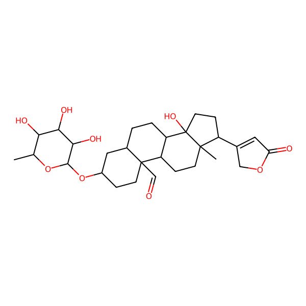 2D Structure of (3S,5R,8S,9R,10R,13R,14S,17R)-14-hydroxy-13-methyl-17-(5-oxo-2H-furan-3-yl)-3-[(2R,3R,4R,5R,6S)-3,4,5-trihydroxy-6-methyloxan-2-yl]oxy-1,2,3,4,5,6,7,8,9,11,12,15,16,17-tetradecahydrocyclopenta[a]phenanthrene-10-carbaldehyde