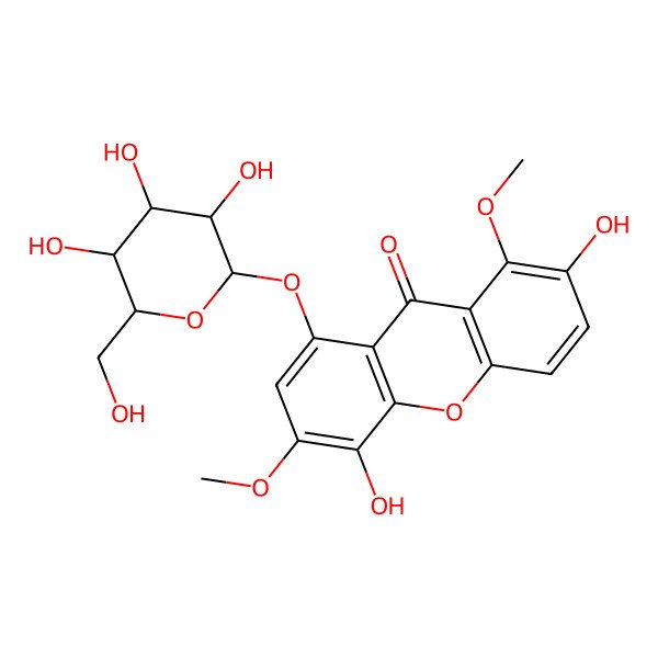 2D Structure of 2,5-dihydroxy-1,6-dimethoxy-8-[(2S,3R,4S,5S,6R)-3,4,5-trihydroxy-6-(hydroxymethyl)oxan-2-yl]oxyxanthen-9-one