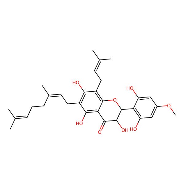 2D Structure of (2R,3R)-2-(2,6-dihydroxy-4-methoxyphenyl)-6-[(2E)-3,7-dimethylocta-2,6-dienyl]-3,5,7-trihydroxy-8-(3-methylbut-2-enyl)-2,3-dihydrochromen-4-one