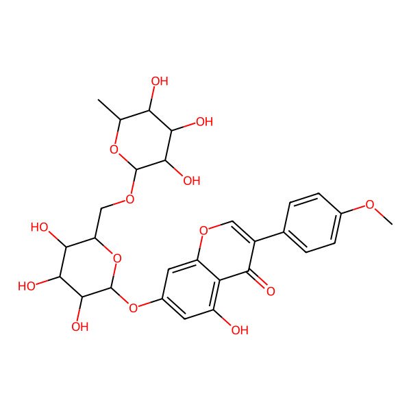 2D Structure of 5-hydroxy-3-(4-methoxyphenyl)-7-[(2S,3R,4S,5R,6S)-3,4,5-trihydroxy-6-[[(2R,3S,4S,5R,6S)-3,4,5-trihydroxy-6-methyloxan-2-yl]oxymethyl]oxan-2-yl]oxychromen-4-one