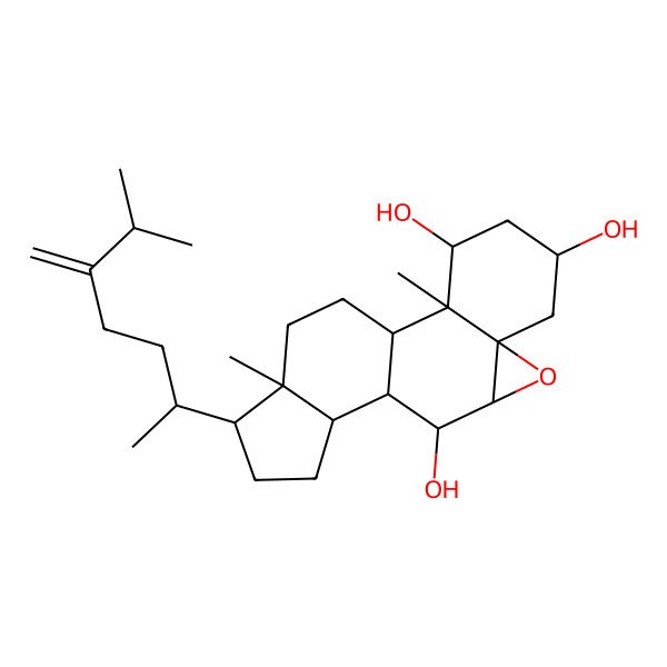 2D Structure of 2,16-Dimethyl-15-(6-methyl-5-methylideneheptan-2-yl)-8-oxapentacyclo[9.7.0.02,7.07,9.012,16]octadecane-3,5,10-triol