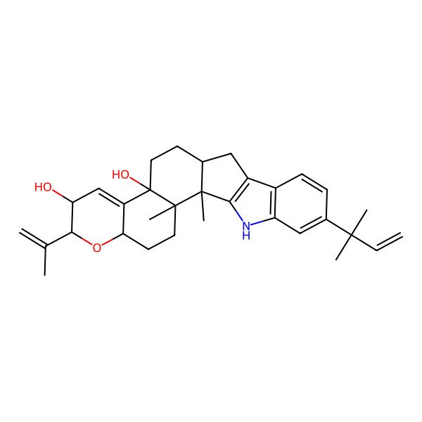 2D Structure of 1,2-Dimethyl-20-(2-methylbut-3-en-2-yl)-7-prop-1-en-2-yl-6-oxa-23-azahexacyclo[12.10.0.02,11.05,10.016,24.017,22]tetracosa-9,16(24),17(22),18,20-pentaene-8,11-diol