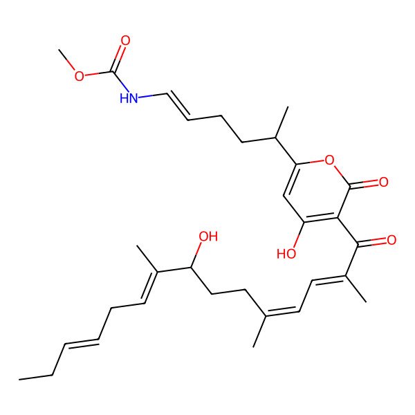 2D Structure of methyl N-[(E,5R)-5-[4-hydroxy-5-[(2E,4E,8R,9Z,12E)-8-hydroxy-2,5,9-trimethylpentadeca-2,4,9,12-tetraenoyl]-6-oxopyran-2-yl]hex-1-enyl]carbamate