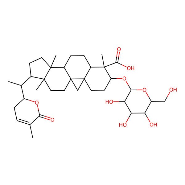 2D Structure of 7,12,16-Trimethyl-15-[1-(5-methyl-6-oxo-2,3-dihydropyran-2-yl)ethyl]-6-[3,4,5-trihydroxy-6-(hydroxymethyl)oxan-2-yl]oxypentacyclo[9.7.0.01,3.03,8.012,16]octadecane-7-carboxylic acid