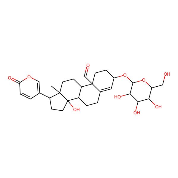 2D Structure of (3S,8R,9S,10S,13R,14S,17R)-14-hydroxy-13-methyl-17-(6-oxopyran-3-yl)-3-[(2R,3R,4S,5S,6R)-3,4,5-trihydroxy-6-(hydroxymethyl)oxan-2-yl]oxy-1,2,3,6,7,8,9,11,12,15,16,17-dodecahydrocyclopenta[a]phenanthrene-10-carbaldehyde