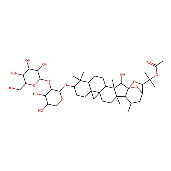 2D Structure of 2-[(1S,2R,3S,4R,7R,9S,12R,14S,17R,18R,19R,21R,22S)-9-[(2S,3R,4S,5R)-4,5-dihydroxy-3-[(2S,3R,4S,5S,6R)-3,4,5-trihydroxy-6-(hydroxymethyl)oxan-2-yl]oxyoxan-2-yl]oxy-2-hydroxy-3,8,8,17,19-pentamethyl-23,24-dioxaheptacyclo[19.2.1.01,18.03,17.04,14.07,12.012,14]tetracosan-22-yl]propan-2-yl acetate