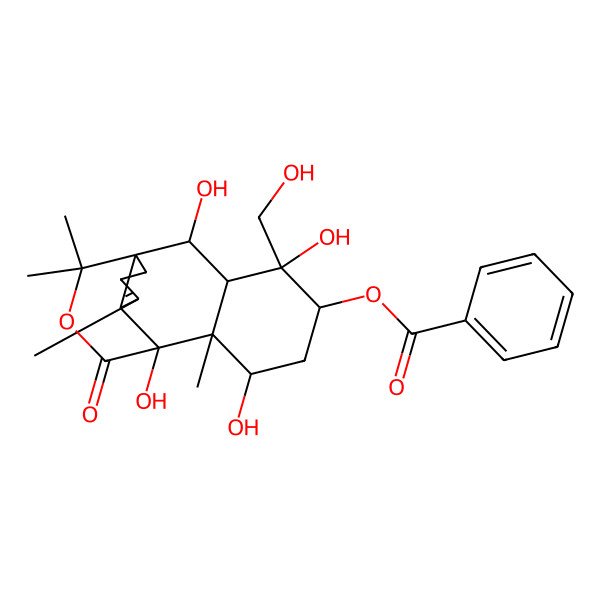 2D Structure of [2,4,7,9-Tetrahydroxy-4-(hydroxymethyl)-8,11,14,14-tetramethyl-16-oxo-15-oxatetracyclo[7.4.3.01,10.03,8]hexadec-10-en-5-yl] benzoate