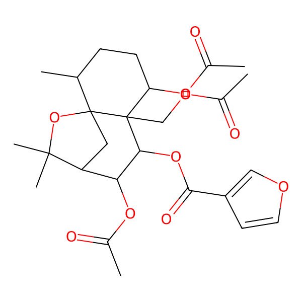 2D Structure of [5,8-Diacetyloxy-6-(acetyloxymethyl)-2,10,10-trimethyl-11-oxatricyclo[7.2.1.01,6]dodecan-7-yl] furan-3-carboxylate
