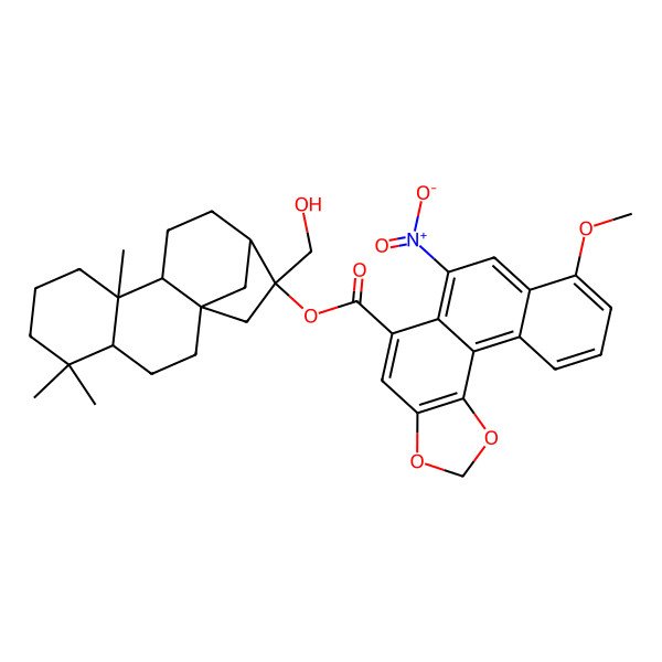 2D Structure of [(1S,4R,9R,10R,13R,14R)-14-(hydroxymethyl)-5,5,9-trimethyl-14-tetracyclo[11.2.1.01,10.04,9]hexadecanyl] 8-methoxy-6-nitronaphtho[1,2-e][1,3]benzodioxole-5-carboxylate