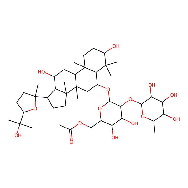 2D Structure of [(2R,3S,4S,5R,6R)-6-[[(3S,5R,6S,8R,9R,10R,12R,13S,14R,17S)-3,12-dihydroxy-17-[(2S,5S)-5-(2-hydroxypropan-2-yl)-2-methyloxolan-2-yl]-4,4,8,10,14-pentamethyl-2,3,5,6,7,9,11,12,13,15,16,17-dodecahydro-1H-cyclopenta[a]phenanthren-6-yl]oxy]-3,4-dihydroxy-5-[(2S,3R,4R,5R,6S)-3,4,5-trihydroxy-6-methyloxan-2-yl]oxyoxan-2-yl]methyl acetate