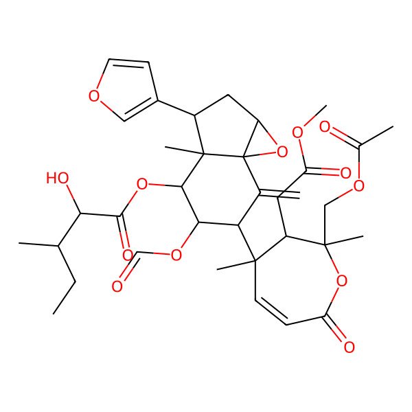 2D Structure of [(1aR,3S,3aR,4R,5R,6R,7aS)-6-[(2S,3R,4R)-2-(acetyloxymethyl)-3-(2-methoxy-2-oxoethyl)-2,4-dimethyl-7-oxo-3H-oxepin-4-yl]-5-formyloxy-3-(furan-3-yl)-3a-methyl-7-methylidene-1a,2,3,4,5,6-hexahydroindeno[1,7a-b]oxiren-4-yl] (2R,3R)-2-hydroxy-3-methylpentanoate