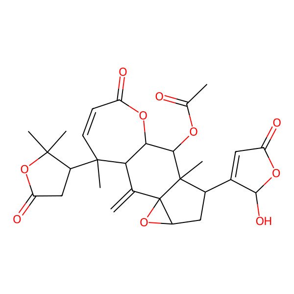2D Structure of [(1R,3S,5R,7R,8R,9R,10R,15R)-15-[(3R)-2,2-dimethyl-5-oxooxolan-3-yl]-7-[(2R)-2-hydroxy-5-oxo-2H-furan-3-yl]-8,15-dimethyl-2-methylidene-12-oxo-4,11-dioxatetracyclo[8.5.0.03,5.03,8]pentadec-13-en-9-yl] acetate