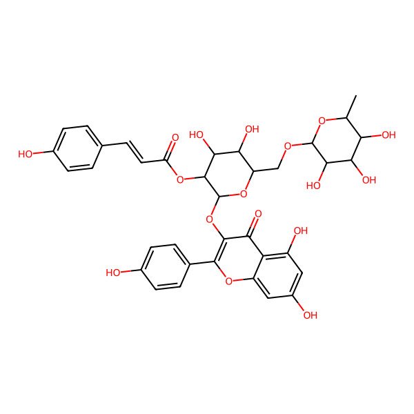 2D Structure of [2-[5,7-Dihydroxy-2-(4-hydroxyphenyl)-4-oxochromen-3-yl]oxy-4,5-dihydroxy-6-[(3,4,5-trihydroxy-6-methyloxan-2-yl)oxymethyl]oxan-3-yl] 3-(4-hydroxyphenyl)prop-2-enoate