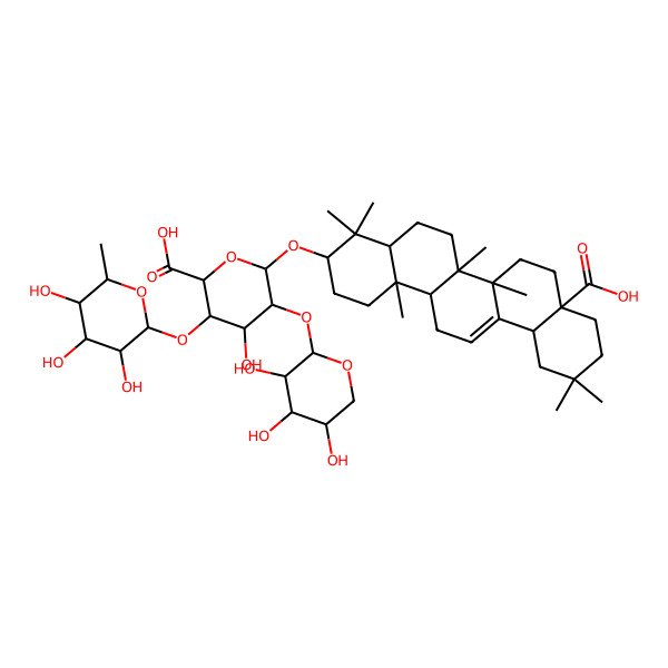 2D Structure of (2S,3S,4S,5R,6R)-6-[[(3S,4aR,6aR,6bS,8aS,12aS,14aR,14bR)-8a-carboxy-4,4,6a,6b,11,11,14b-heptamethyl-1,2,3,4a,5,6,7,8,9,10,12,12a,14,14a-tetradecahydropicen-3-yl]oxy]-4-hydroxy-3-[(2S,3R,4R,5R,6S)-3,4,5-trihydroxy-6-methyloxan-2-yl]oxy-5-[(2S,3R,4S,5S)-3,4,5-trihydroxyoxan-2-yl]oxyoxane-2-carboxylic acid