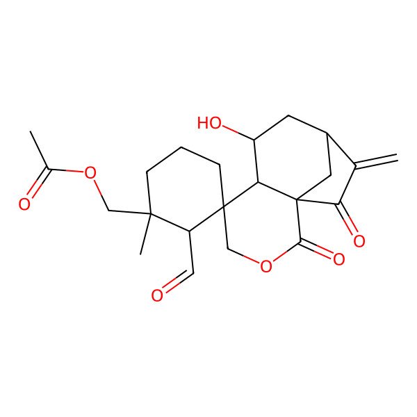 2D Structure of [(1S,1'R,2'R,5S,6S,7R,9S)-2'-formyl-7-hydroxy-1'-methyl-10-methylidene-2,11-dioxospiro[3-oxatricyclo[7.2.1.01,6]dodecane-5,3'-cyclohexane]-1'-yl]methyl acetate