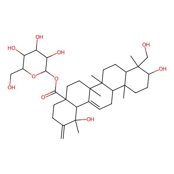 2D Structure of [(2S,3R,4S,5R,6R)-3,4,5-trihydroxy-6-(hydroxymethyl)oxan-2-yl] (1S,4aR,6aR,6aS,6bR,8aR,9S,10S,12aR,14bS)-1,10-dihydroxy-9-(hydroxymethyl)-1,6a,6b,9,12a-pentamethyl-2-methylidene-4,5,6,6a,7,8,8a,10,11,12,13,14b-dodecahydro-3H-picene-4a-carboxylate