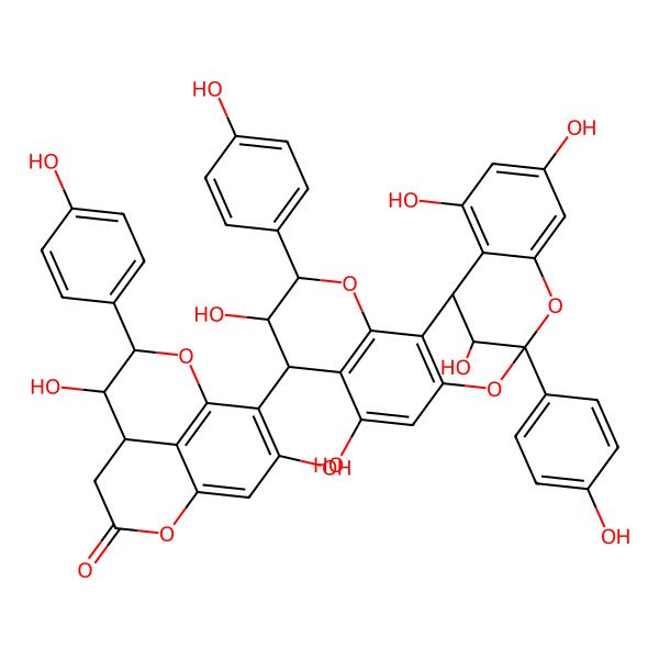 2D Structure of 6,11-Dihydroxy-7-(4-hydroxyphenyl)-10-[6,9,17,19,21-pentahydroxy-5,13-bis(4-hydroxyphenyl)-4,12,14-trioxapentacyclo[11.7.1.02,11.03,8.015,20]henicosa-2(11),3(8),9,15,17,19-hexaen-7-yl]-2,8-dioxatricyclo[7.3.1.05,13]trideca-1(13),9,11-trien-3-one