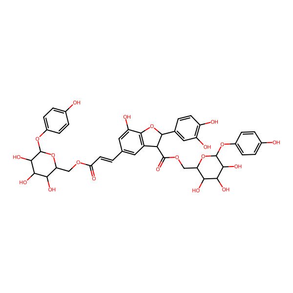 2D Structure of [(2R,3S,4S,5R,6S)-3,4,5-trihydroxy-6-(4-hydroxyphenoxy)oxan-2-yl]methyl (2S,3S)-2-(3,4-dihydroxyphenyl)-7-hydroxy-5-[(E)-3-oxo-3-[[(2R,3S,4S,5R,6S)-3,4,5-trihydroxy-6-(4-hydroxyphenoxy)oxan-2-yl]methoxy]prop-1-enyl]-2,3-dihydro-1-benzofuran-3-carboxylate