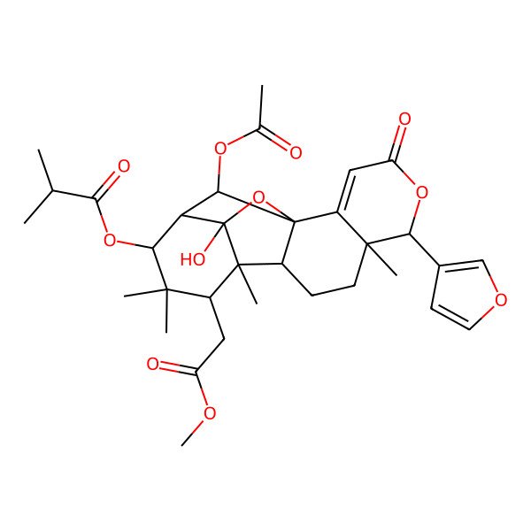 2D Structure of [18-Acetyloxy-6-(furan-3-yl)-16-hydroxy-12-(2-methoxy-2-oxoethyl)-7,11,13,13-tetramethyl-4-oxo-5,17-dioxapentacyclo[13.2.1.01,10.02,7.011,16]octadec-2-en-14-yl] 2-methylpropanoate