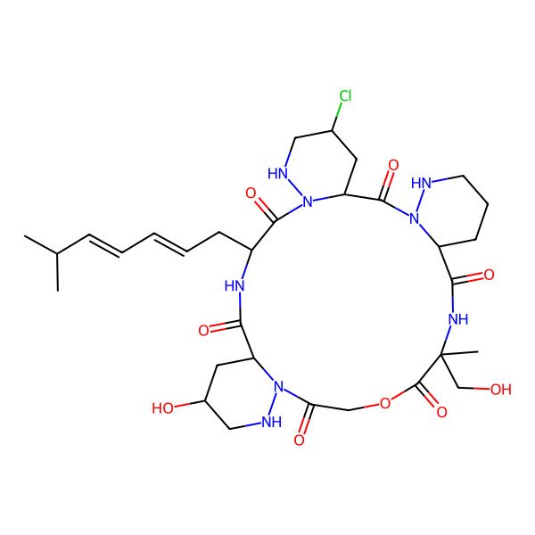 2D Structure of 5-Chloro-15-hydroxy-23-(hydroxymethyl)-23-methyl-10-(6-methylhepta-2,4-dienyl)-21-oxa-1,7,8,11,17,18,24,30-octazatetracyclo[24.4.0.03,8.013,18]triacontane-2,9,12,19,22,25-hexone