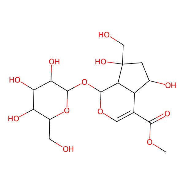 2D Structure of methyl 5,7-dihydroxy-7-(hydroxymethyl)-1-[3,4,5-trihydroxy-6-(hydroxymethyl)oxan-2-yl]oxy-4a,5,6,7a-tetrahydro-1H-cyclopenta[c]pyran-4-carboxylate