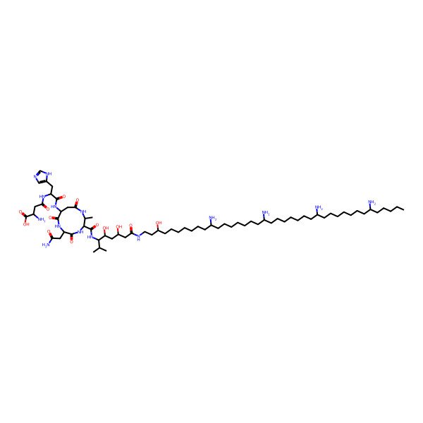 2D Structure of 2-amino-4-[[1-[[6-(2-amino-2-oxoethyl)-3-[[4,6-dihydroxy-2-methyl-8-oxo-8-[(11,19,27,35-tetraamino-3-hydroxytetracontyl)amino]octan-3-yl]carbamoyl]-2-methyl-5,8,11-trioxo-1,4,7-triazacycloundec-9-yl]amino]-3-(1H-imidazol-5-yl)-1-oxopropan-2-yl]amino]-4-oxobutanoic acid