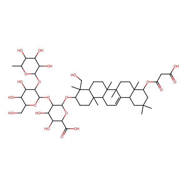 2D Structure of (2S,3S,4S,5R,6R)-6-[[(3S,4S,4aS,6aR,6bS,8aR,9R,12aS,14aR,14bR)-9-(2-carboxyacetyl)oxy-4-(hydroxymethyl)-4,6a,6b,8a,11,11,14b-heptamethyl-1,2,3,4a,5,6,7,8,9,10,12,12a,14,14a-tetradecahydropicen-3-yl]oxy]-5-[(2S,3R,4S,5R,6R)-4,5-dihydroxy-6-(hydroxymethyl)-3-[(2S,3R,4R,5R,6S)-3,4,5-trihydroxy-6-methyloxan-2-yl]oxyoxan-2-yl]oxy-3,4-dihydroxyoxane-2-carboxylic acid
