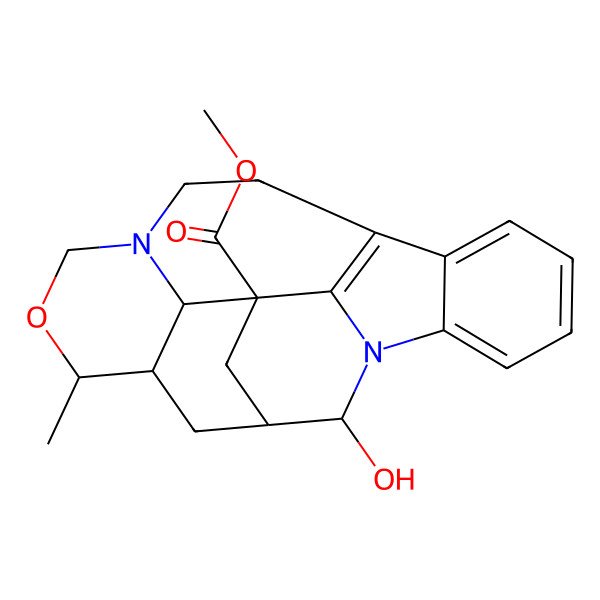 2D Structure of methyl (9S,10R,12S,13S,14S,15S)-9-hydroxy-15-methyl-16-oxa-8,18-diazahexacyclo[10.8.1.110,14.02,7.08,21.013,18]docosa-1(21),2,4,6-tetraene-12-carboxylate