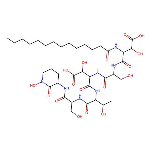 2D Structure of 4-[[1-[[1-Carboxy-1-hydroxy-3-[[3-hydroxy-1-[[3-hydroxy-1-[(1-hydroxy-2-oxopiperidin-3-yl)amino]-1-oxopropan-2-yl]amino]-1-oxobutan-2-yl]amino]-3-oxopropan-2-yl]amino]-3-hydroxy-1-oxopropan-2-yl]amino]-2-hydroxy-4-oxo-3-(tetradecanoylamino)butanoic acid