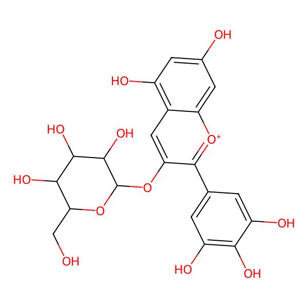 2D Structure of (2S,5S)-2-[5,7-dihydroxy-2-(3,4,5-trihydroxyphenyl)chromenylium-3-yl]oxy-6-(hydroxymethyl)oxane-3,4,5-triol
